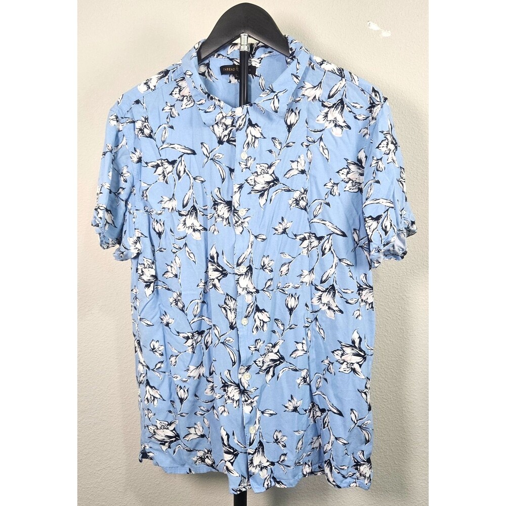 Thread & Cloth Mens Large Blue Floral Button Up Shirt‎ Rayon Short Sleeve Casual